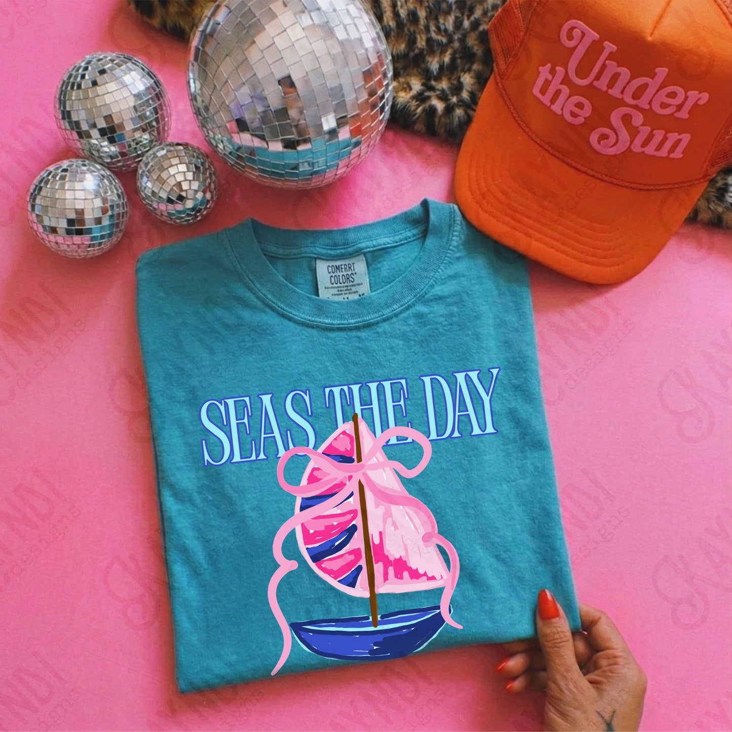 Seas the Day PNG Digital Download Sublimation DTF Print Southern Preppy Pink Blue Sail boat