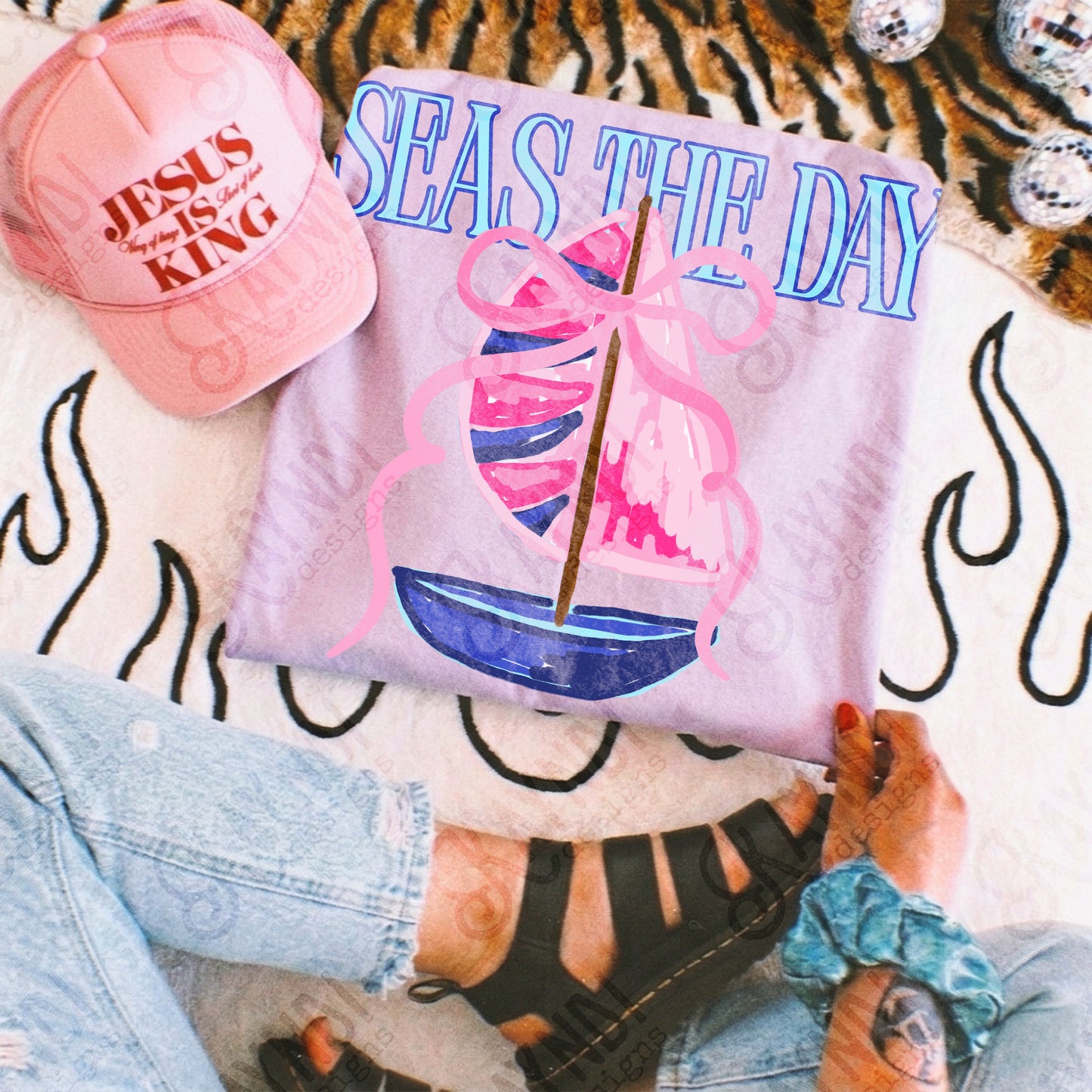 Seas the Day PNG Digital Download Sublimation DTF Print Southern Preppy Pink Blue Sail boat