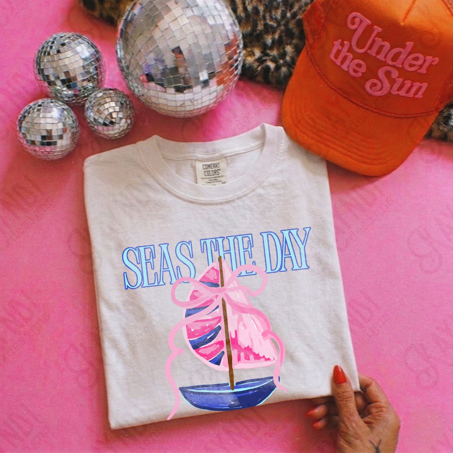Seas the Day PNG Digital Download Sublimation DTF Print Southern Preppy Pink Blue Sail boat