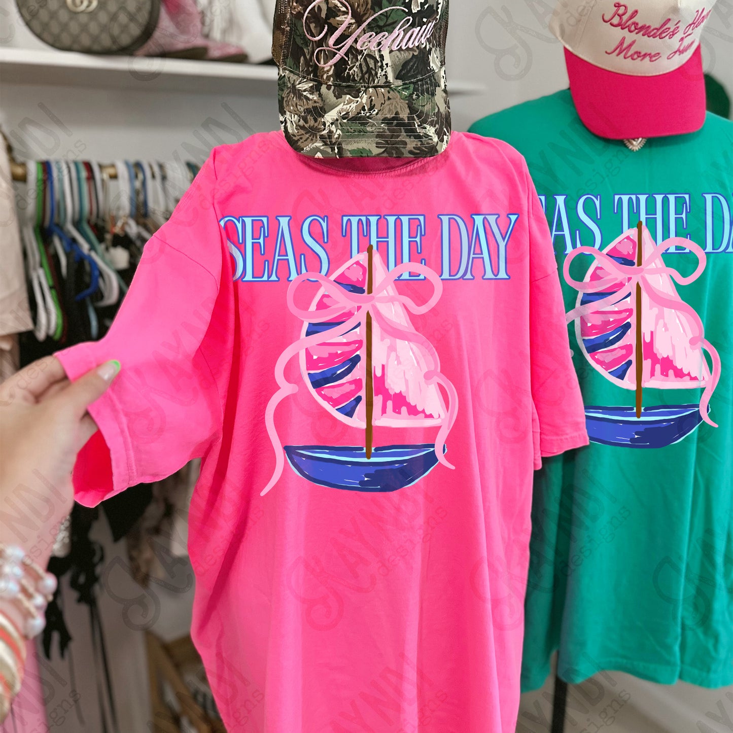 Seas the Day PNG Digital Download Sublimation DTF Print Southern Preppy Pink Blue Sail boat