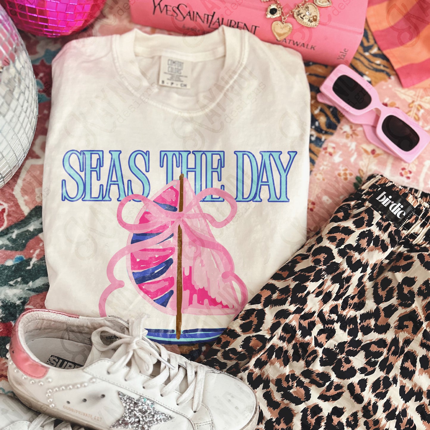 Seas the Day PNG Digital Download Sublimation DTF Print Southern Preppy Pink Blue Sail boat
