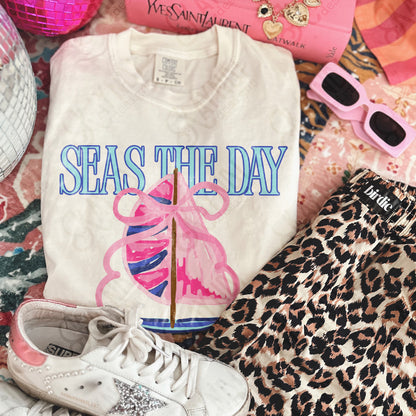 Seas the Day PNG Digital Download Sublimation DTF Print Southern Preppy Pink Blue Sail boat