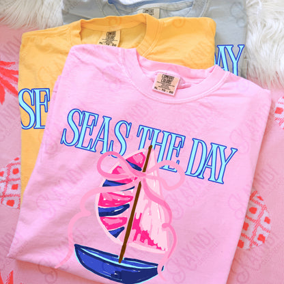 Seas the Day PNG Digital Download Sublimation DTF Print Southern Preppy Pink Blue Sail boat