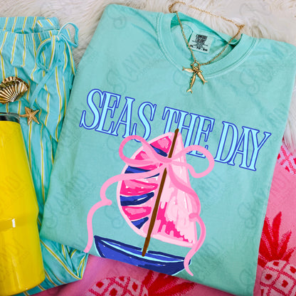 Seas the Day PNG Digital Download Sublimation DTF Print Southern Preppy Pink Blue Sail boat
