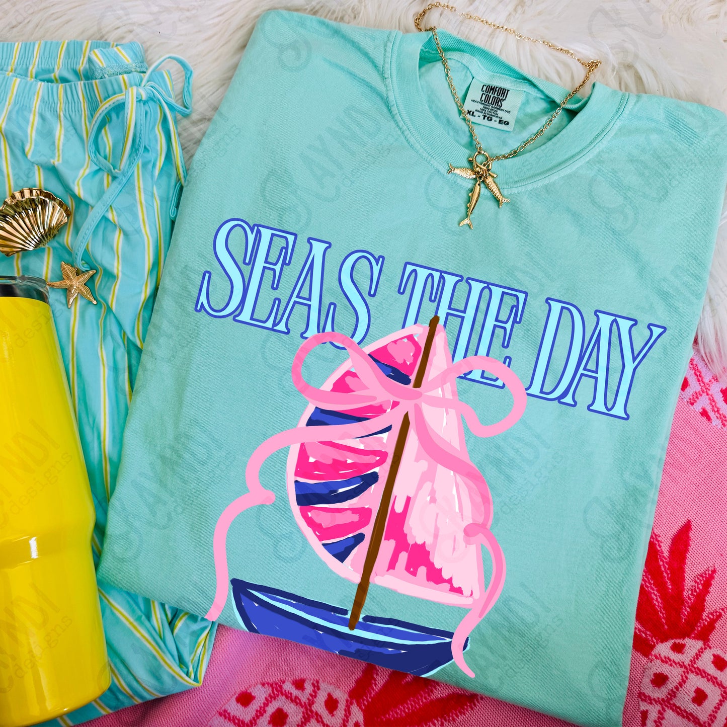 Seas The Day PNG Digital Download Sublimation DTF Print Southern Preppy Beachy Sail Boat