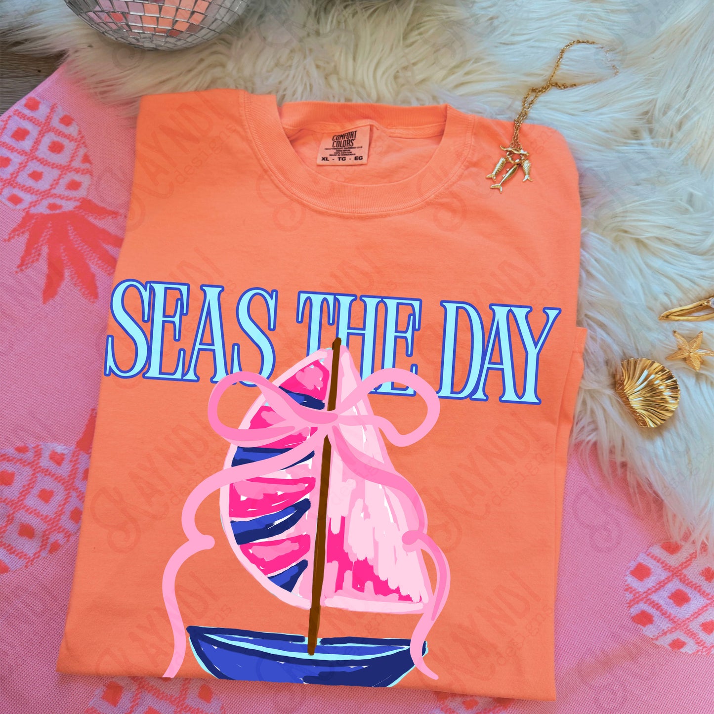 Seas the Day PNG Digital Download Sublimation DTF Print Southern Preppy Pink Blue Sail boat