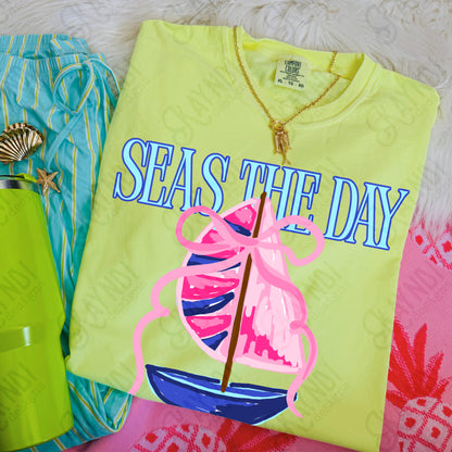 Seas the Day PNG Digital Download Sublimation DTF Print Southern Preppy Pink Blue Sail boat