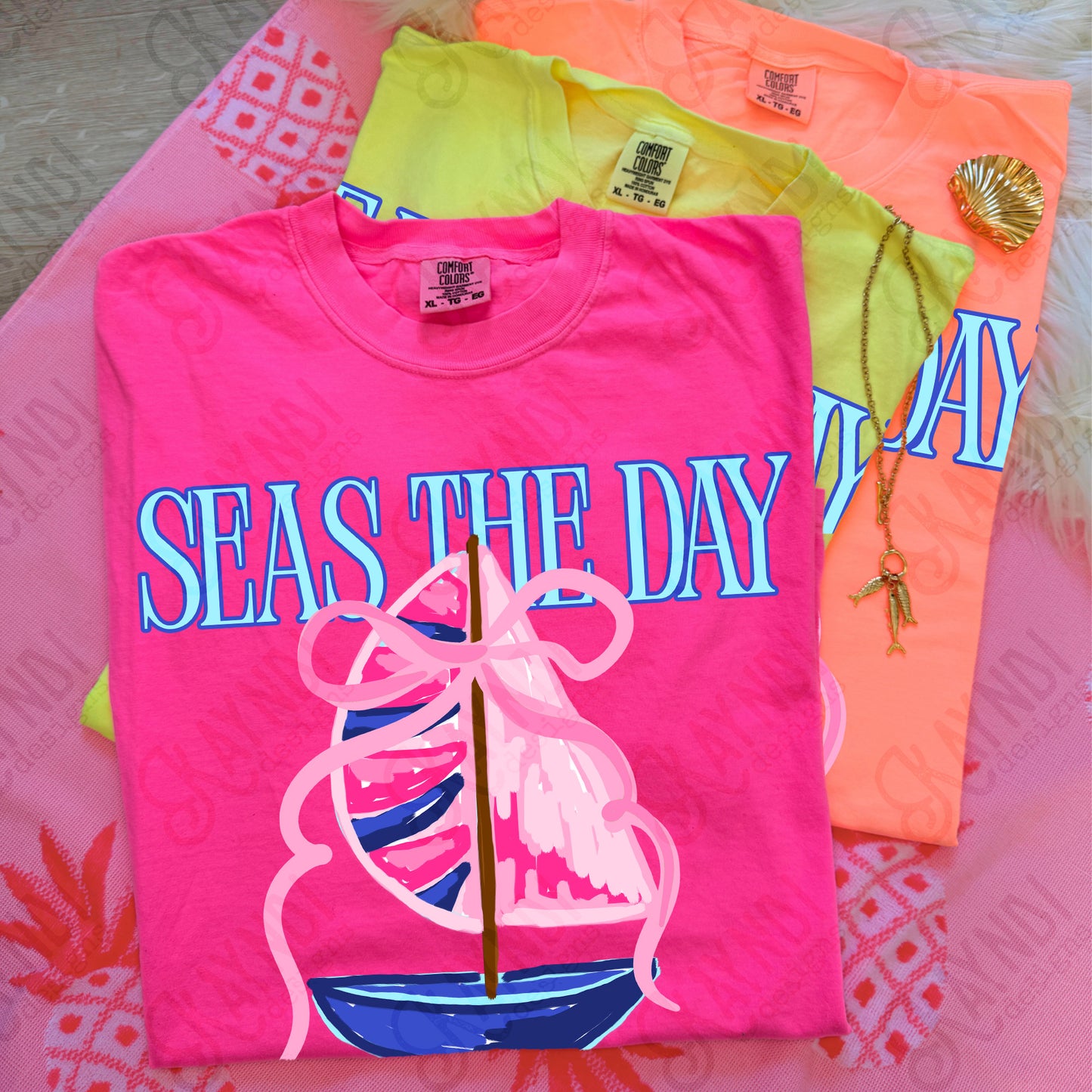 Seas the Day PNG Digital Download Sublimation DTF Print Southern Preppy Pink Blue Sail boat