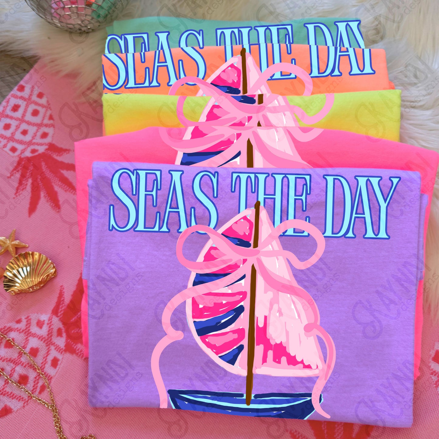 Seas the Day PNG Digital Download Sublimation DTF Print Southern Preppy Pink Blue Sail boat
