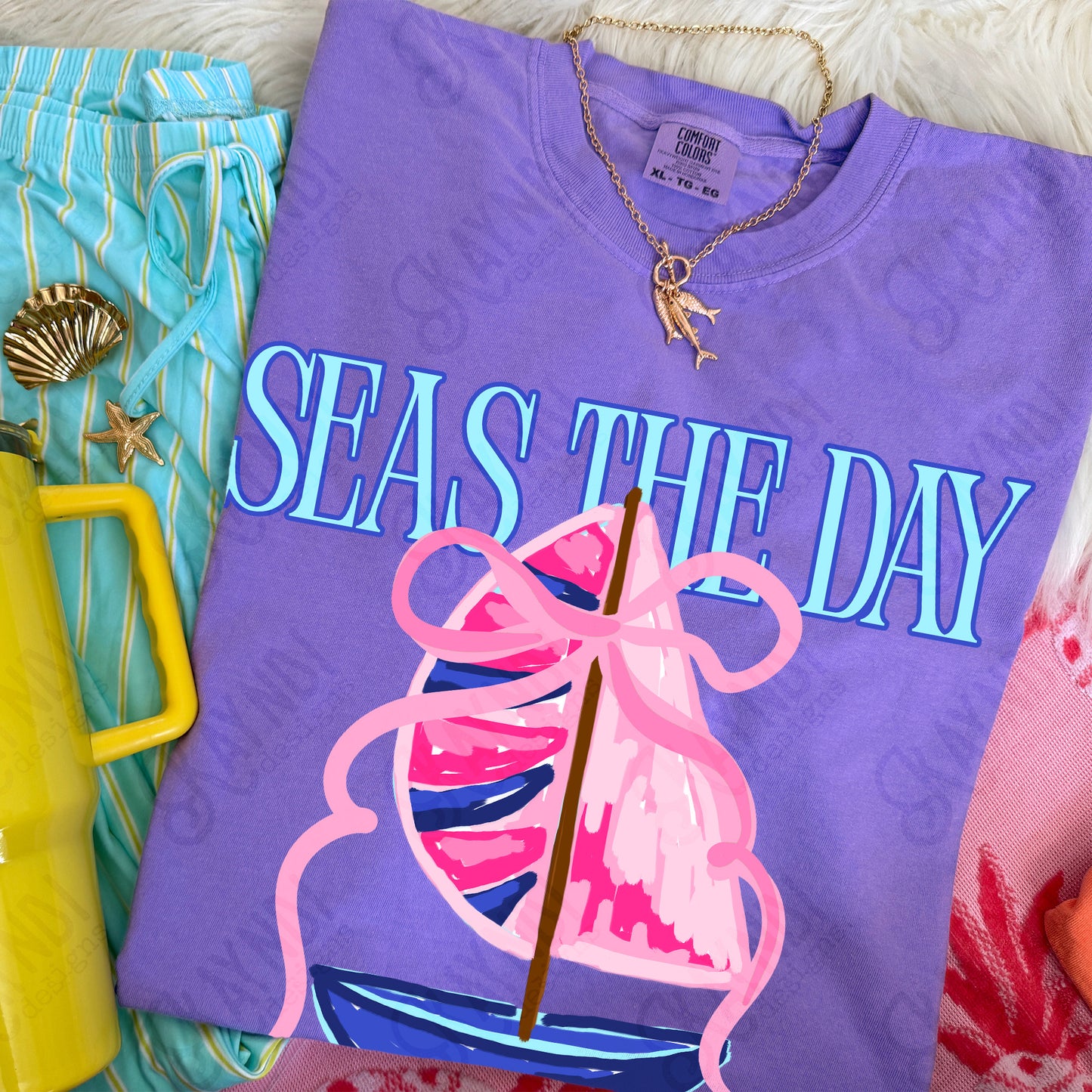 Seas the Day PNG Digital Download Sublimation DTF Print Southern Preppy Pink Blue Sail boat