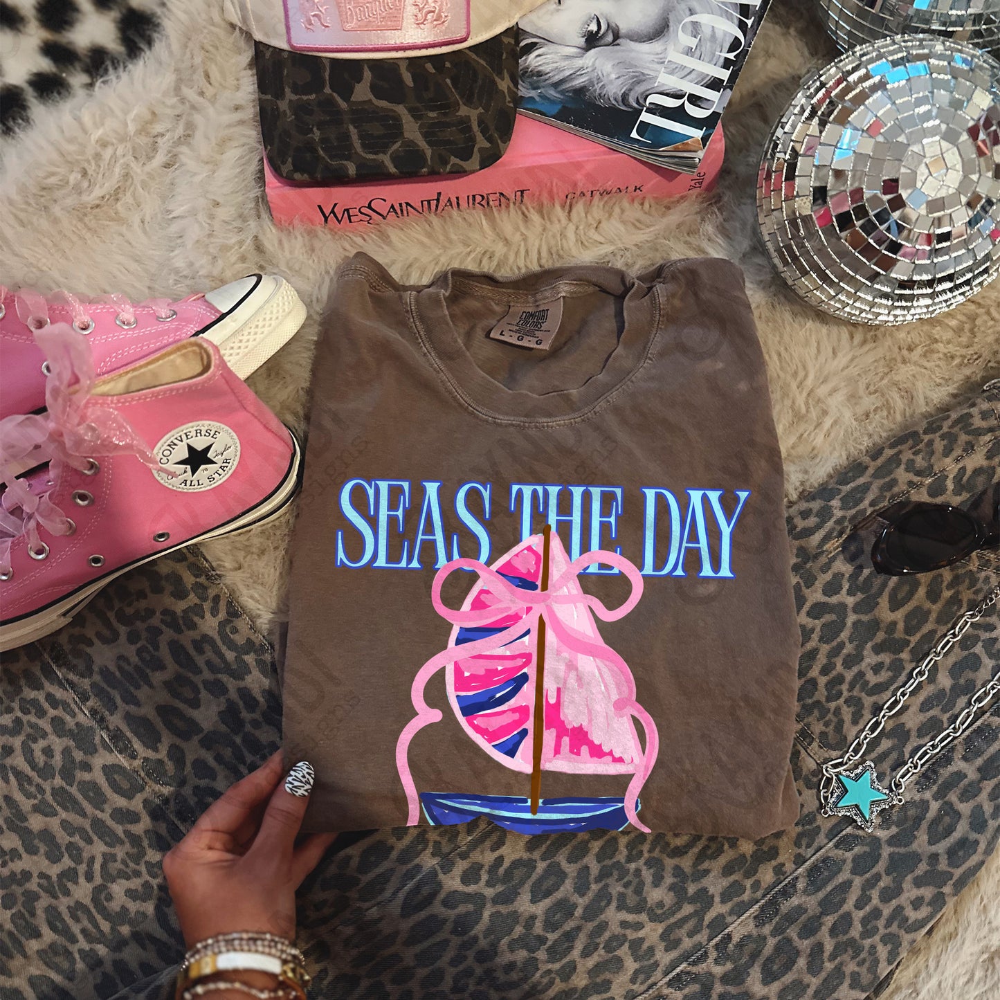 Seas the Day PNG Digital Download Sublimation DTF Print Southern Preppy Pink Blue Sail boat