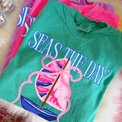 Seas the Day PNG Digital Download Sublimation DTF Print Southern Preppy Pink Blue Sail boat