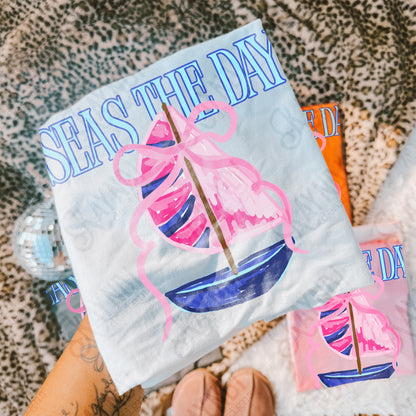 Seas the Day PNG Digital Download Sublimation DTF Print Southern Preppy Pink Blue Sail boat