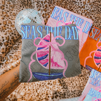 Seas the Day PNG Digital Download Sublimation DTF Print Southern Preppy Pink Blue Sail boat