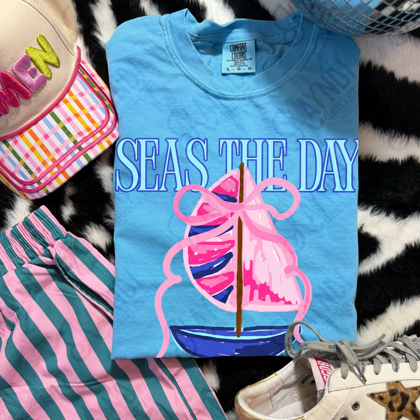 Seas the Day PNG Digital Download Sublimation DTF Print Southern Preppy Pink Blue Sail boat