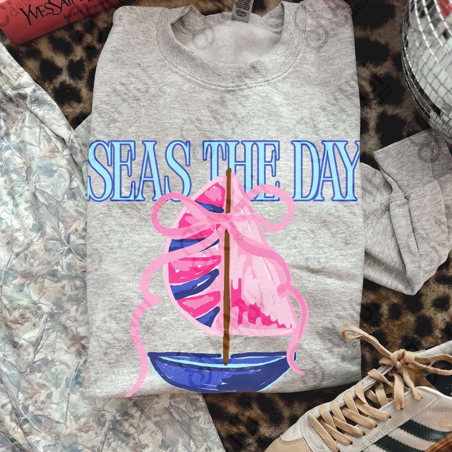 Seas the Day PNG Digital Download Sublimation DTF Print Southern Preppy Pink Blue Sail boat