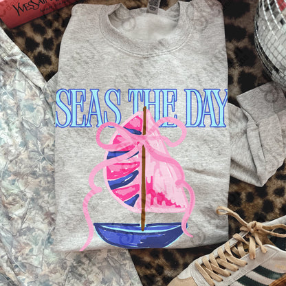 Seas the Day PNG Digital Download Sublimation DTF Print Southern Preppy Pink Blue Sail boat