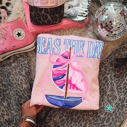 Seas the Day PNG Digital Download Sublimation DTF Print Southern Preppy Pink Blue Sail boat