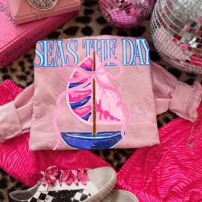 Seas the Day PNG Digital Download Sublimation DTF Print Southern Preppy Pink Blue Sail boat