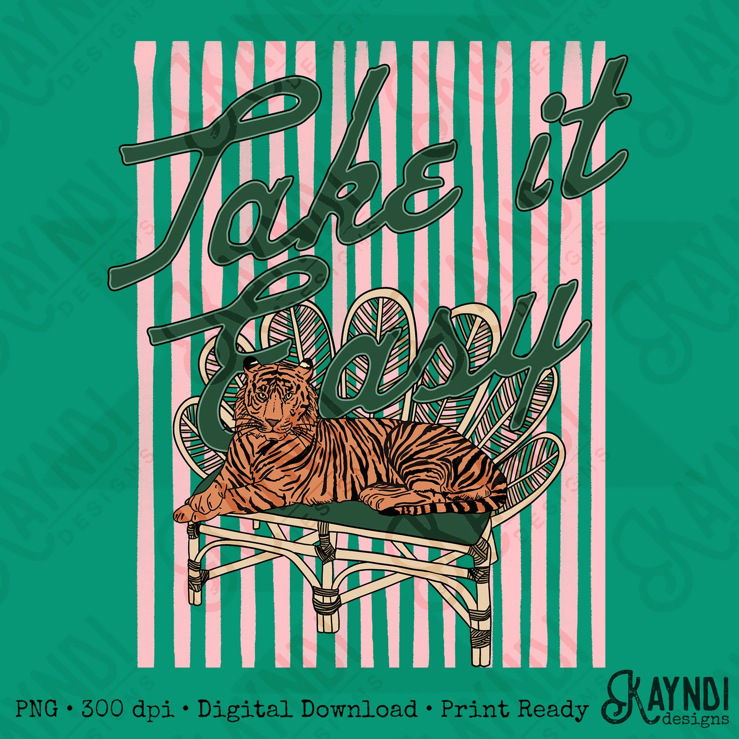 Take it Easy Tiger PNG Digital Download Sublimation DTF Print Preppy Pink Green Stripes