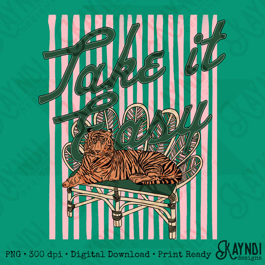 Take it Easy Tiger PNG Digital Download Sublimation DTF Print Preppy Pink Green Stripes