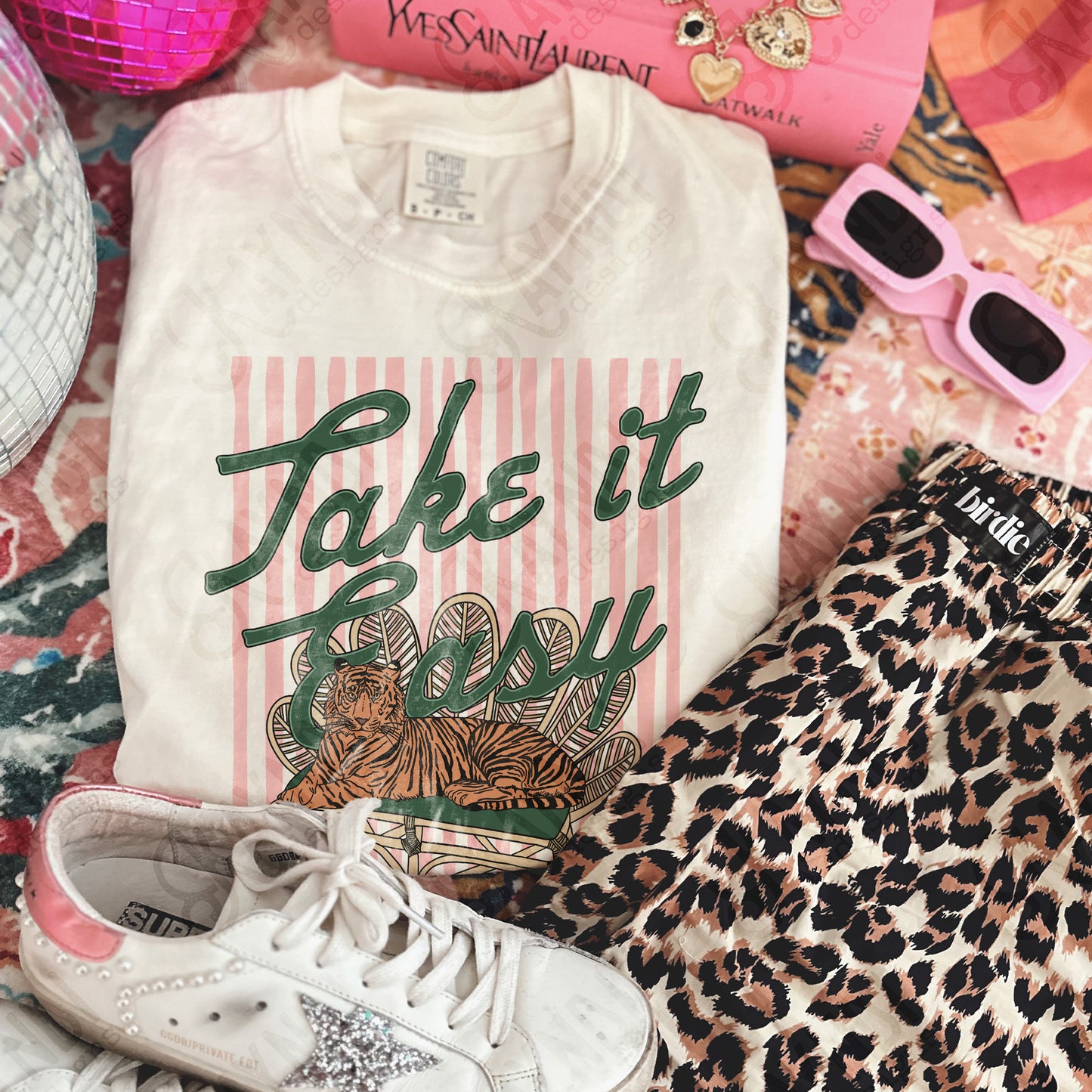 Take it Easy Tiger PNG Digital Download Sublimation DTF Print Preppy Pink Green Stripes