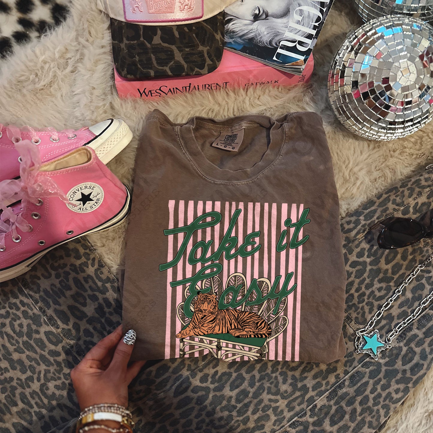 Take it Easy Tiger PNG Digital Download Sublimation DTF Print Preppy Pink Green Stripes