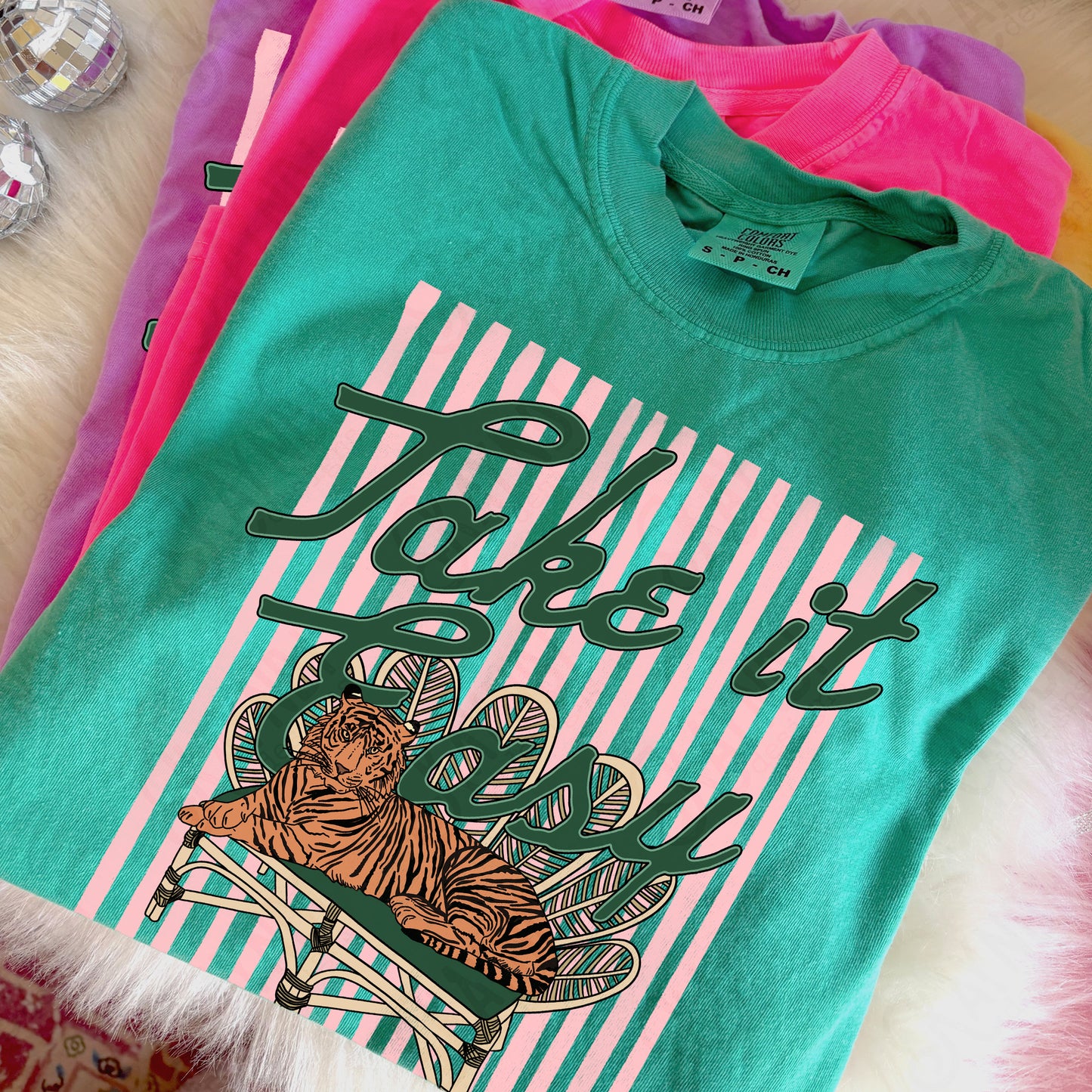 Take it Easy Tiger PNG Digital Download Sublimation DTF Print Preppy Pink Green Stripes