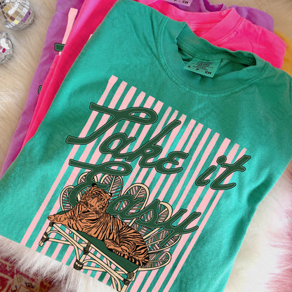 Take it Easy Tiger PNG Digital Download Sublimation DTF Print Preppy Pink Green Stripes