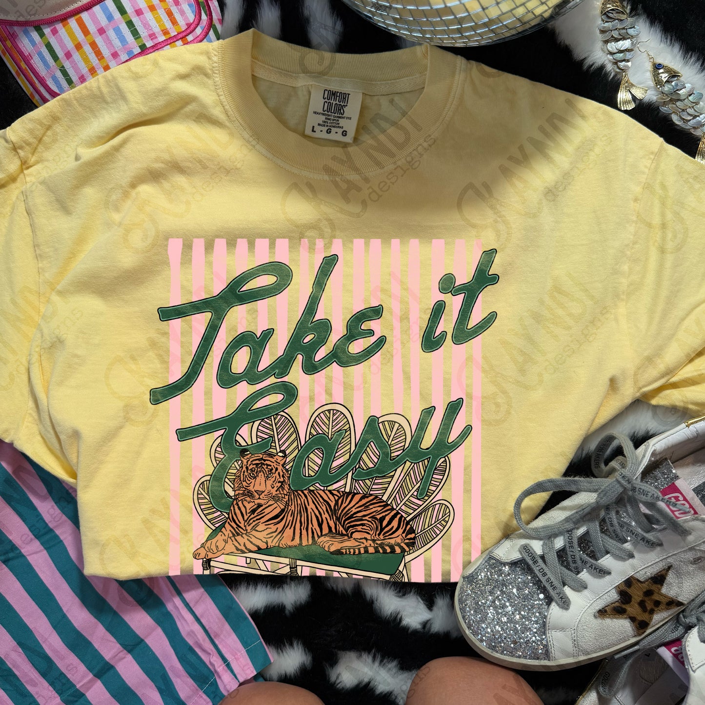 Take it Easy Tiger PNG Digital Download Sublimation DTF Print Preppy Pink Green Stripes