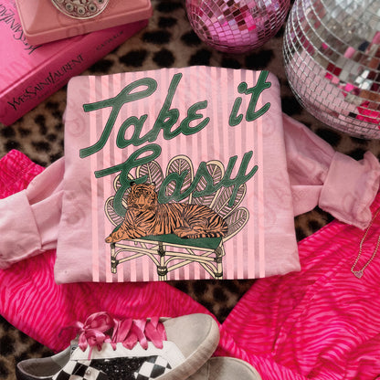 Take it Easy Tiger PNG Digital Download Sublimation DTF Print Preppy Pink Green Stripes