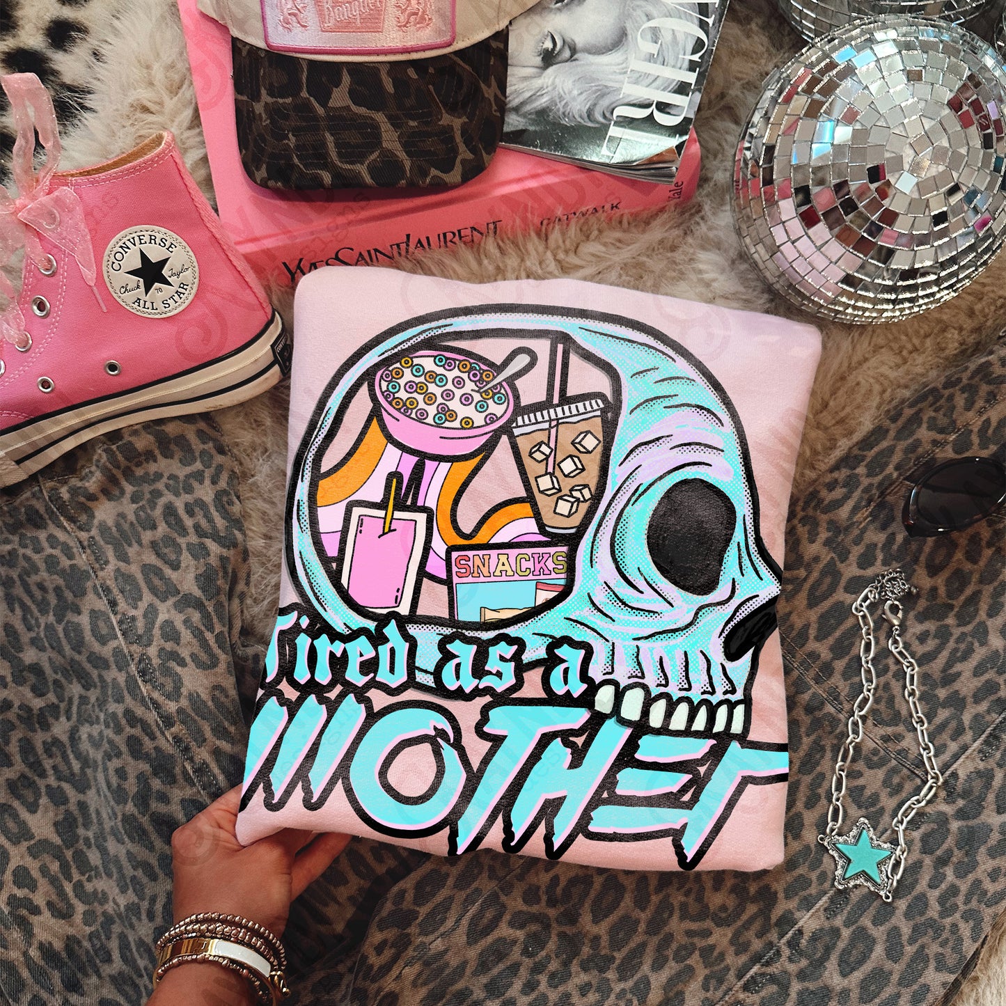 Tired as a Mother PNG Digital Download Sublimation DTF Print Mom Caffeine Snacks Teal