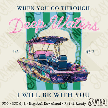 Deep Waters Sublimation Design PNG Digital Download Printable Boat Summer Lake Faith