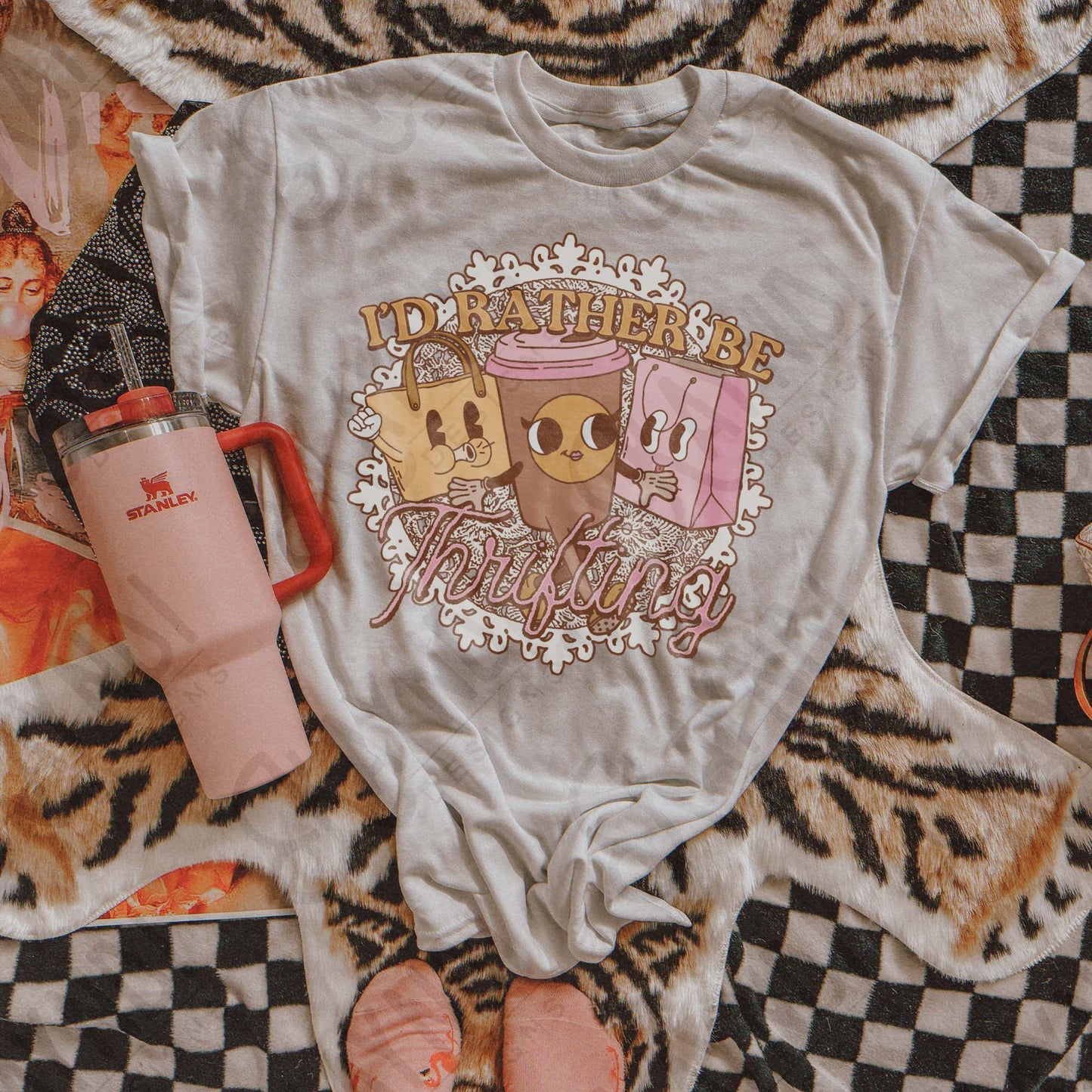 I'd Rather be Thrifting Pink Sublimation Design PNG Digital Download Printable Vintage Shopping Coffee