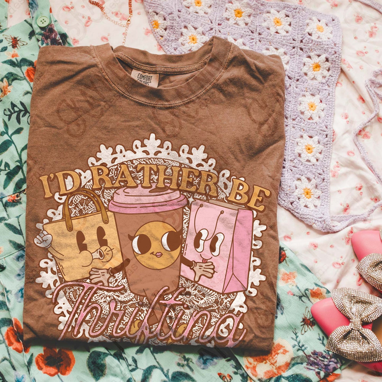 I'd Rather be Thrifting Pink Sublimation Design PNG Digital Download Printable Vintage Shopping Coffee