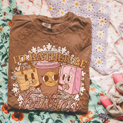 I'd Rather be Thrifting Pink Sublimation Design PNG Digital Download Printable Vintage Shopping Coffee
