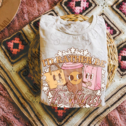 I'd Rather be Thrifting Pink Sublimation Design PNG Digital Download Printable Vintage Shopping Coffee