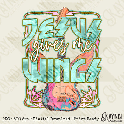 Jesus Gives Me Wings Sublimation Design PNG Digital Download Printable Faith Guitar Rock n Roll