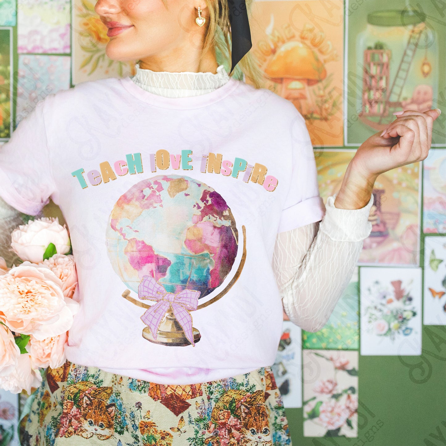 Teach Love Inspire Sublimation Design PNG Digital Download Printable Globe Preppy Bow