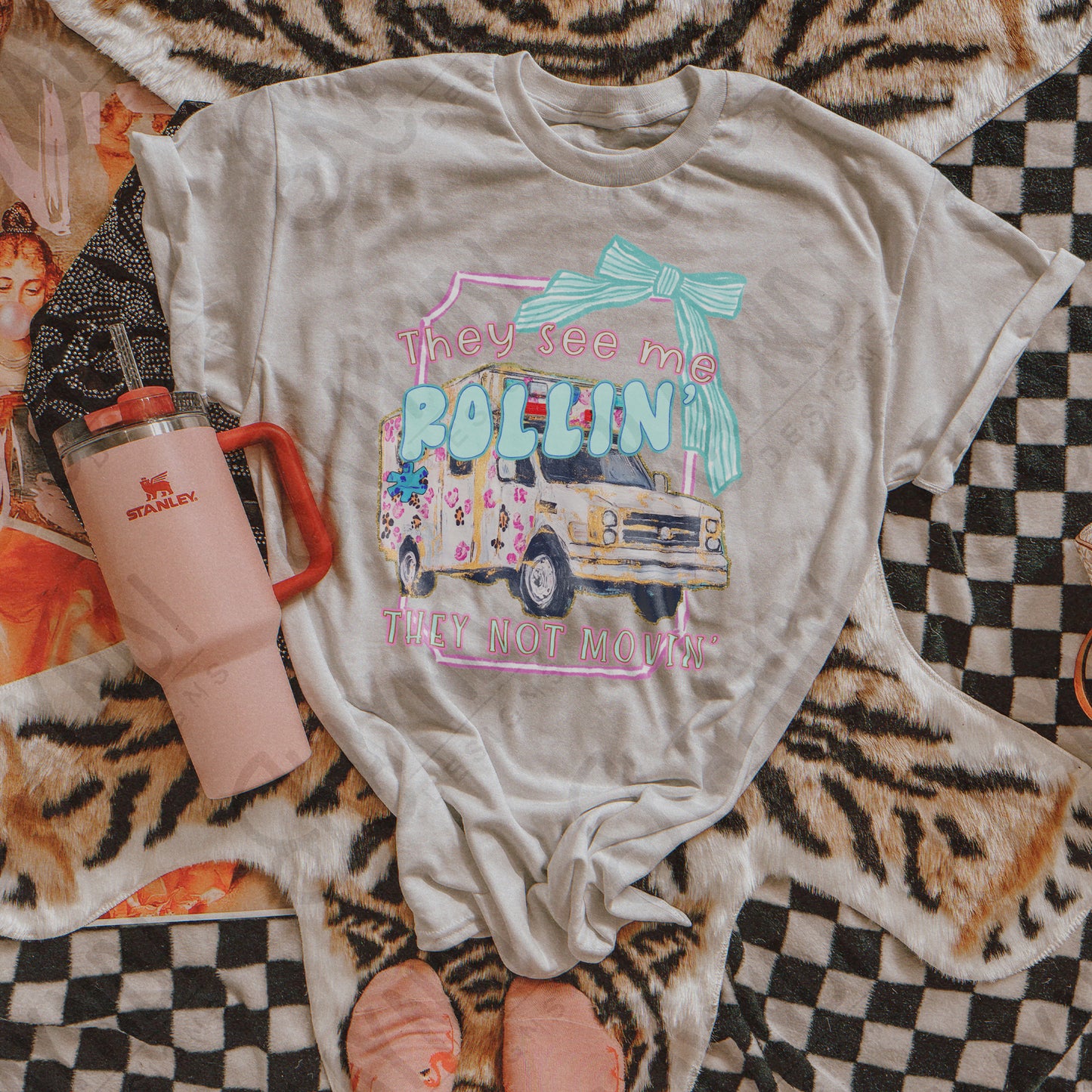 They See Me Rollin Ambulance Sublimation Design PNG Digital Download Printable Pink Preppy Bow Cheetah