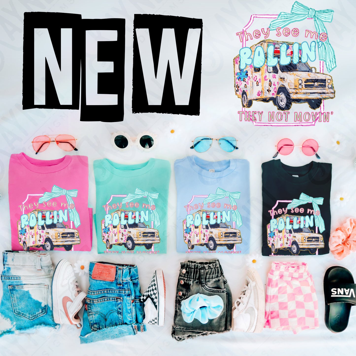 They See Me Rollin Ambulance Sublimation Design PNG Digital Download Printable Pink Preppy Bow Cheetah