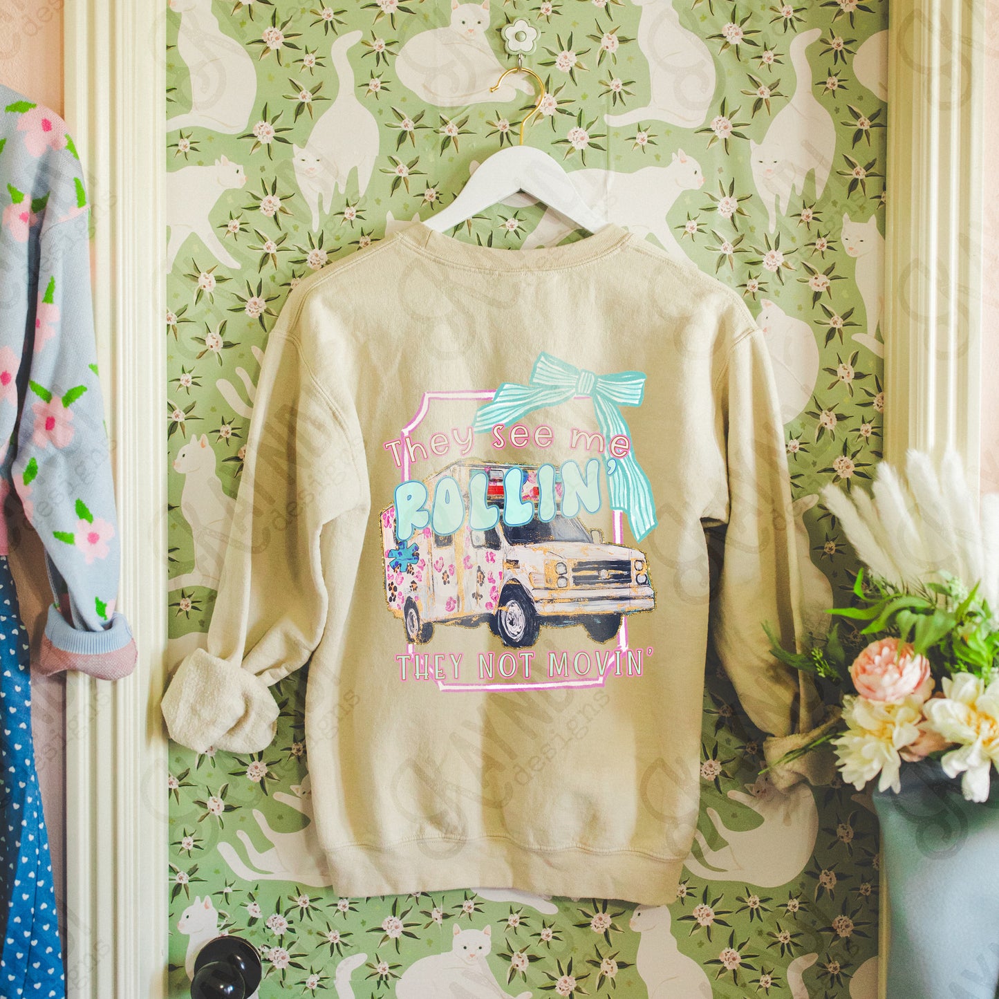 They See Me Rollin Ambulance Sublimation Design PNG Digital Download Printable Pink Preppy Bow Cheetah