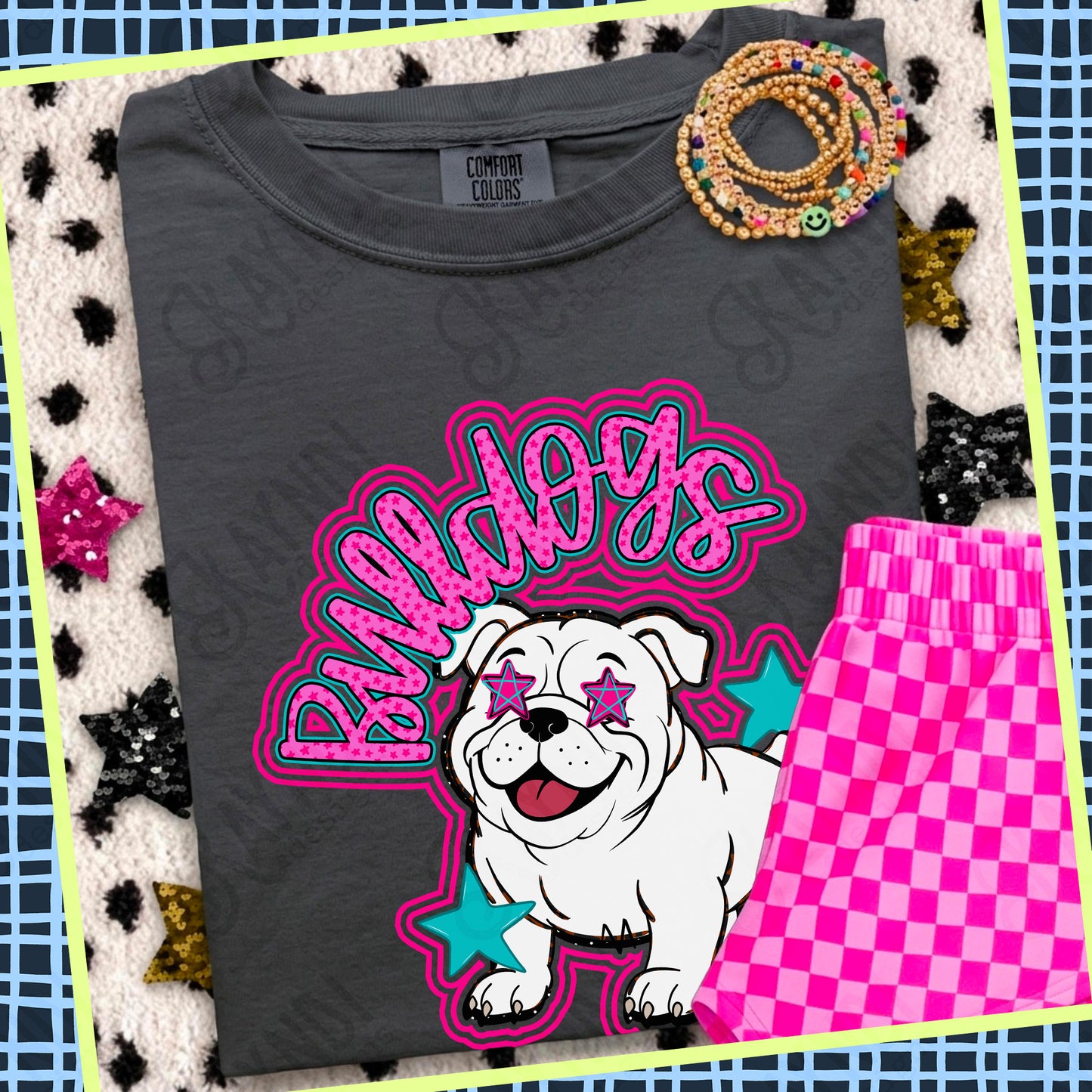 Friendly Mascot Bulldog Pink Colorful PNG Digital Download Sublimation DTF Print Preppy Colorful Mascot Spirit