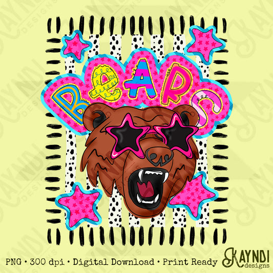 Doodle Star Sunglasses Bear PNG Digital Download Sublimation DTF Print Preppy Colorful Mascot Spirit