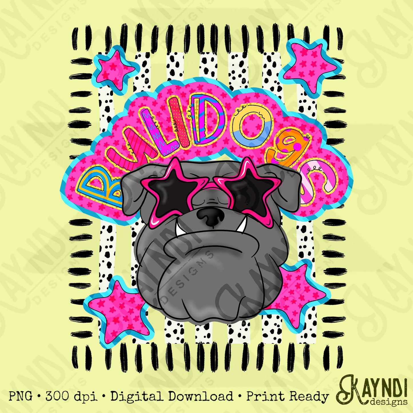Doodle Star Sunglasses Bulldog PNG Digital Download Sublimation DTF Print Preppy Colorful Mascot Spirit