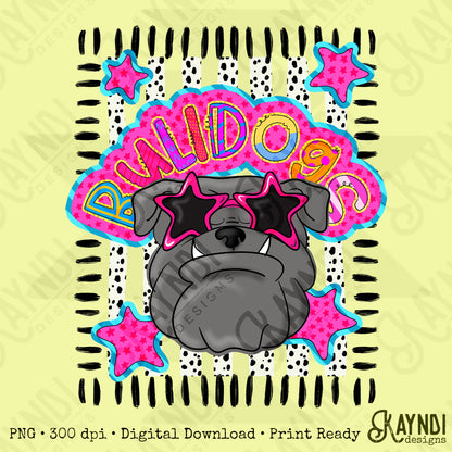 Doodle Star Sunglasses Bulldog PNG Digital Download Sublimation DTF Print Preppy Colorful Mascot Spirit