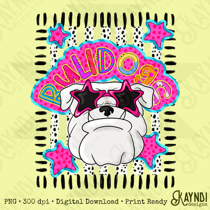 Doodle Star Sunglasses Bulldog White PNG Digital Download Sublimation DTF Print Preppy Colorful Mascot Spirit