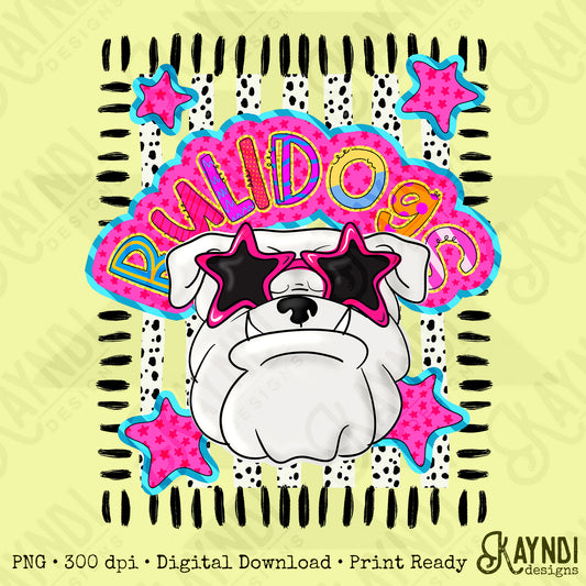 Doodle Star Sunglasses Bulldog White PNG Digital Download Sublimation DTF Print Preppy Colorful Mascot Spirit