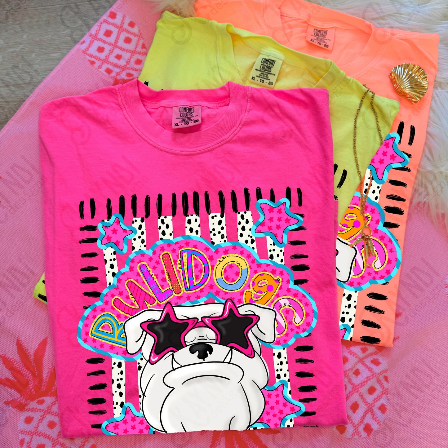 Doodle Star Sunglasses Bulldog White PNG Digital Download Sublimation DTF Print Preppy Colorful Mascot Spirit