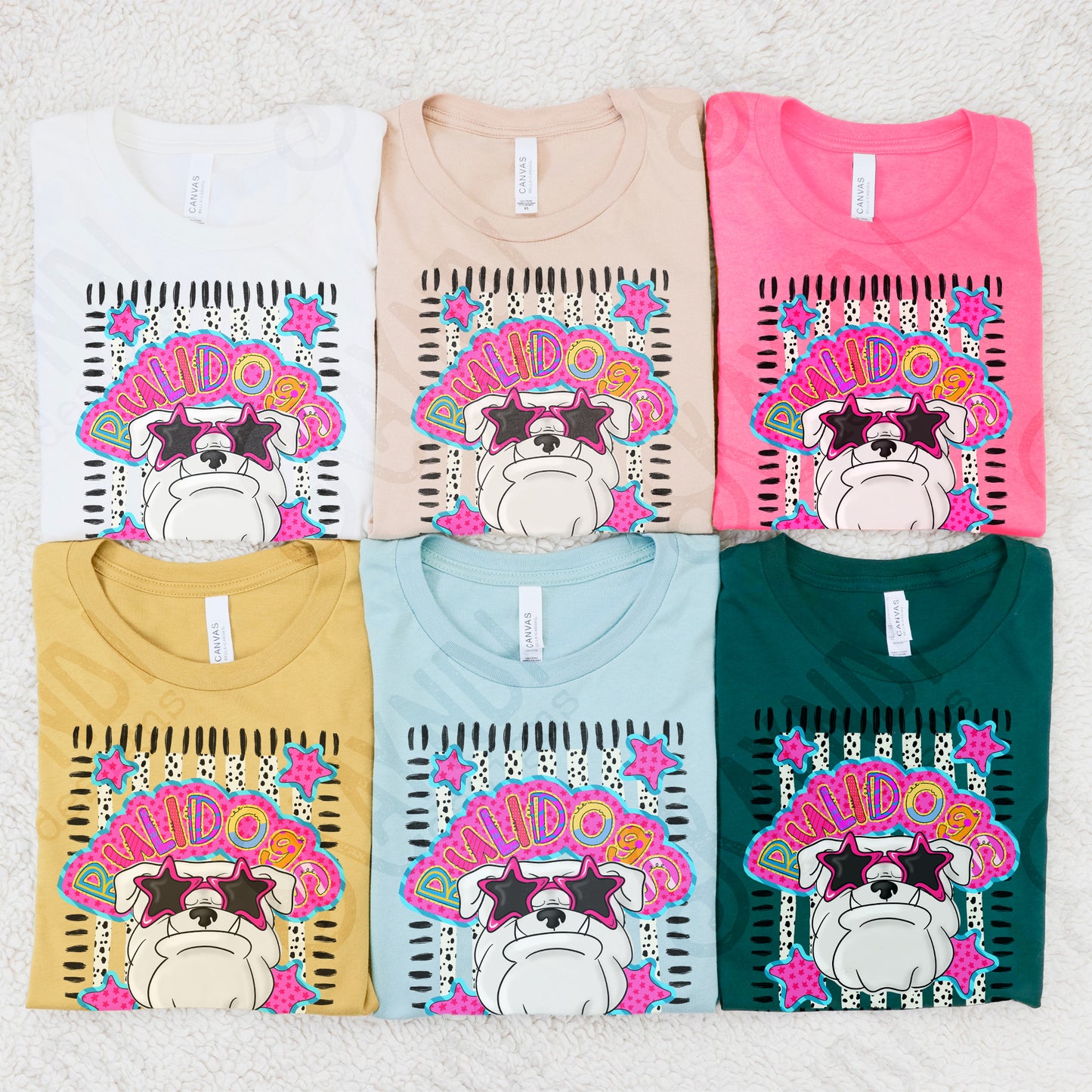 Doodle Star Sunglasses Bulldog White PNG Digital Download Sublimation DTF Print Preppy Colorful Mascot Spirit